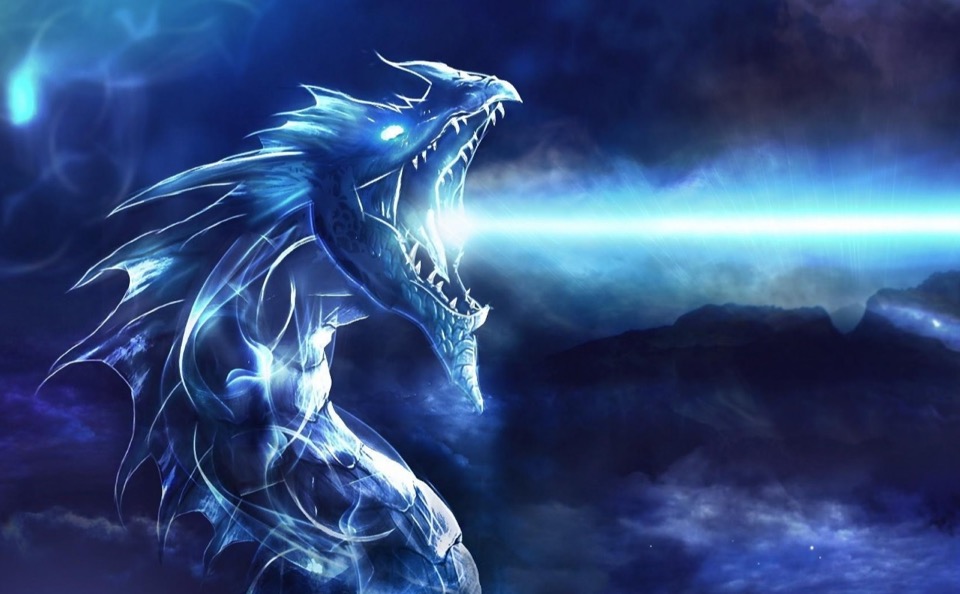 A blue dragon towering over a battle-worn realm
